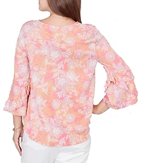 Ruby Rd. Floral Scoop Neck 3/4 Ruffle Trim Sleeve Top