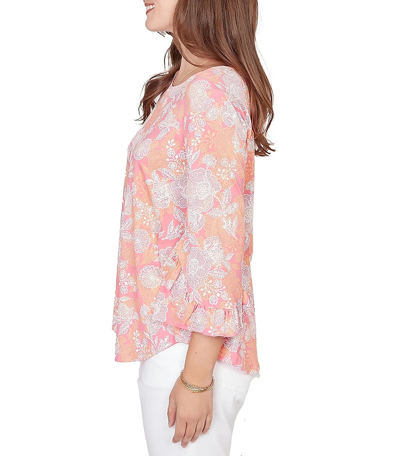 Ruby Rd. Floral Scoop Neck 3/4 Ruffle Trim Sleeve Top