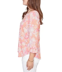 Ruby Rd. Floral Scoop Neck 3/4 Ruffle Trim Sleeve Top
