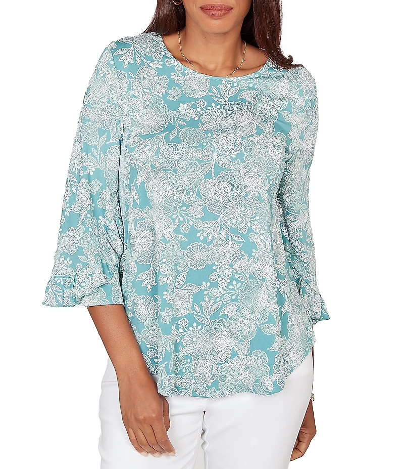 Ruby Rd. Floral Scoop Neck 3/4 Ruffle Trim Sleeve Top