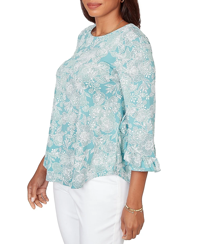 Ruby Rd. Floral Scoop Neck 3/4 Ruffle Trim Sleeve Top