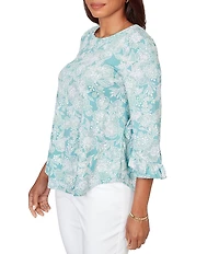 Ruby Rd. Floral Scoop Neck 3/4 Ruffle Trim Sleeve Top