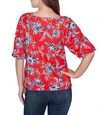 Ruby Rd. Floral Square Neck Elbow-Length Sleeve Knit Top