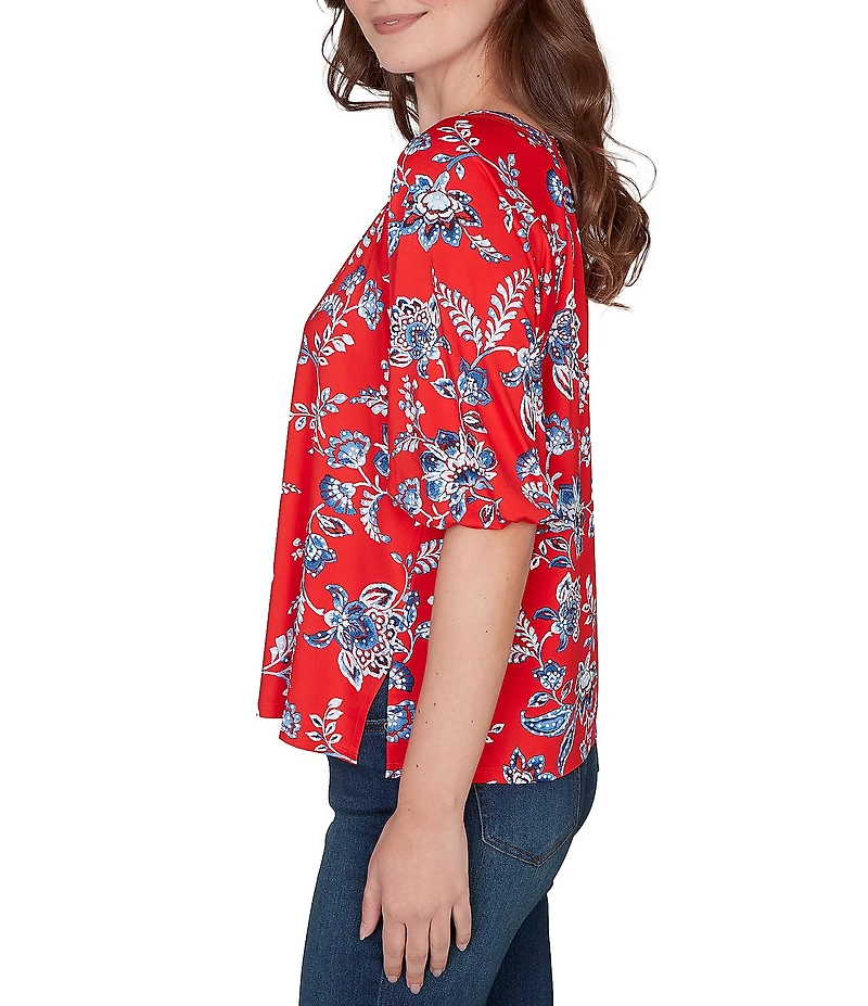 Ruby Rd. Floral Square Neck Elbow-Length Sleeve Knit Top