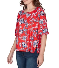 Ruby Rd. Floral Square Neck Elbow-Length Sleeve Knit Top