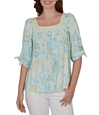 Ruby Rd. Floral Square Neck Elbow Tie Sleeve Pleated Top
