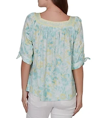 Ruby Rd. Floral Square Neck Elbow Tie Sleeve Pleated Top