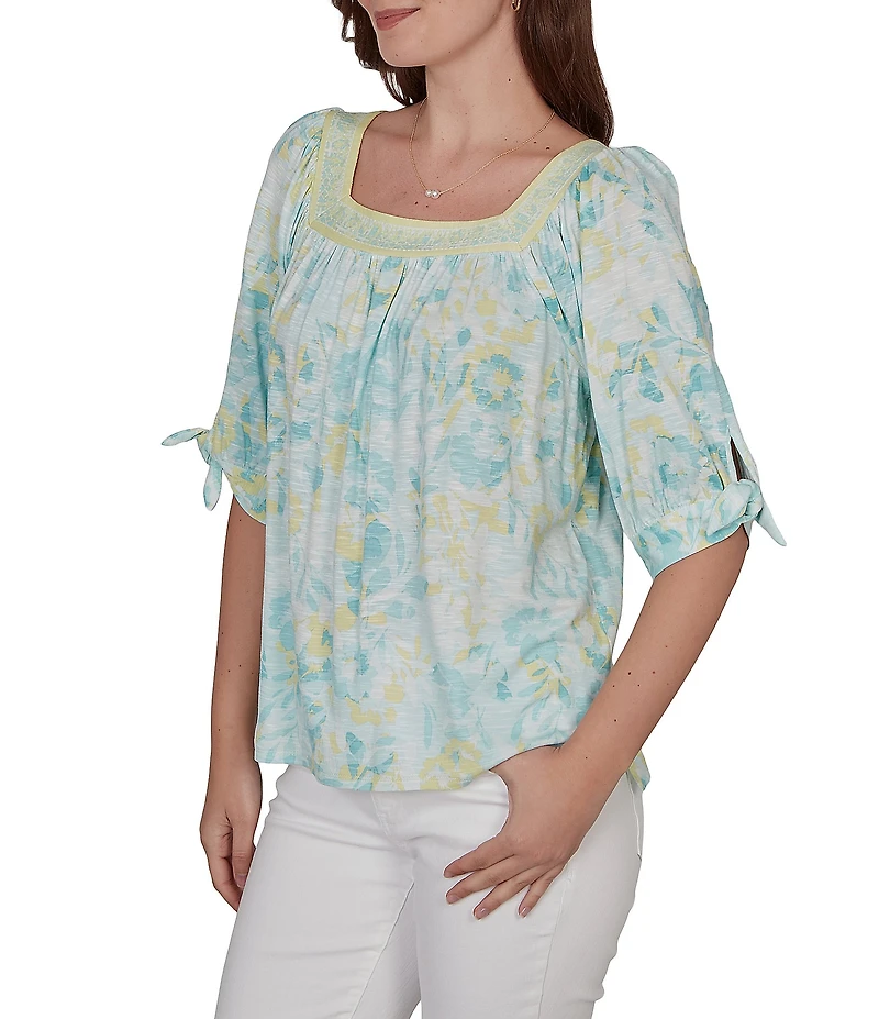 Ruby Rd. Floral Square Neck Elbow Tie Sleeve Pleated Top