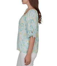 Ruby Rd. Floral Square Neck Elbow Tie Sleeve Pleated Top