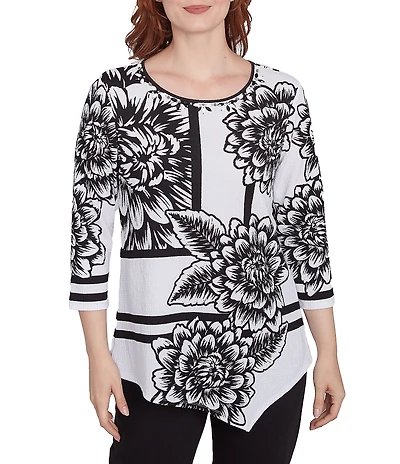 Ruby Rd. Floral Stripe Embellished Scoop Neck 3/4 Sleeve Asymmetrical Hem Top