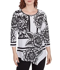 Ruby Rd. Floral Stripe Embellished Scoop Neck 3/4 Sleeve Asymmetrical Hem Top