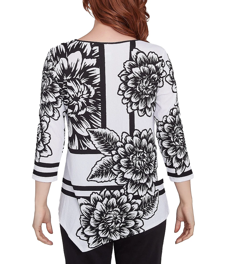 Ruby Rd. Floral Stripe Embellished Scoop Neck 3/4 Sleeve Asymmetrical Hem Top