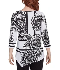 Ruby Rd. Floral Stripe Embellished Scoop Neck 3/4 Sleeve Asymmetrical Hem Top