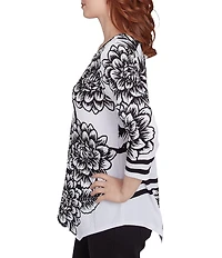 Ruby Rd. Floral Stripe Embellished Scoop Neck 3/4 Sleeve Asymmetrical Hem Top