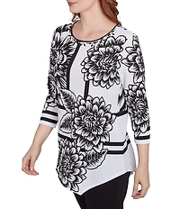 Ruby Rd. Floral Stripe Embellished Scoop Neck 3/4 Sleeve Asymmetrical Hem Top