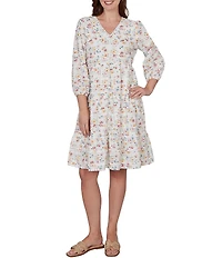 Ruby Rd. Floral V-Neck 3/4 Sleeve Shift Dress