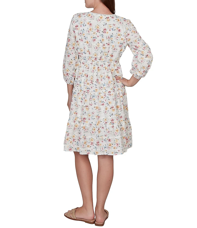 Ruby Rd. Floral V-Neck 3/4 Sleeve Shift Dress