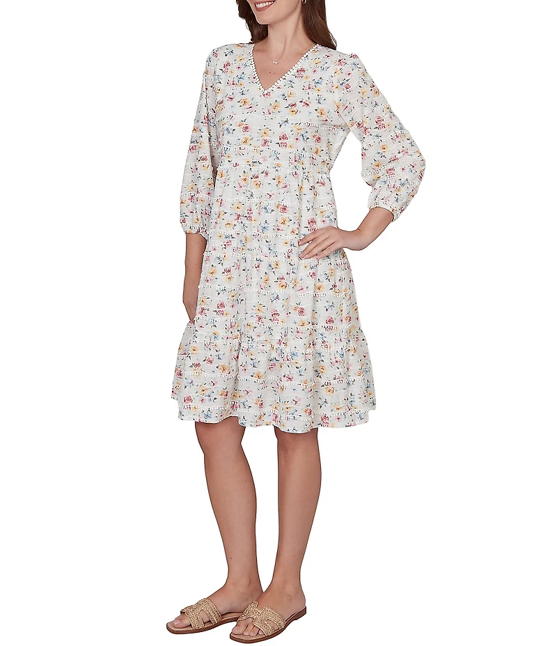 Ruby Rd. Floral V-Neck 3/4 Sleeve Shift Dress