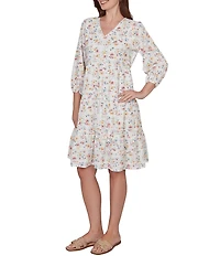 Ruby Rd. Floral V-Neck 3/4 Sleeve Shift Dress