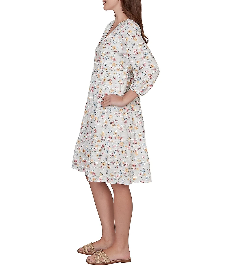 Ruby Rd. Floral V-Neck 3/4 Sleeve Shift Dress