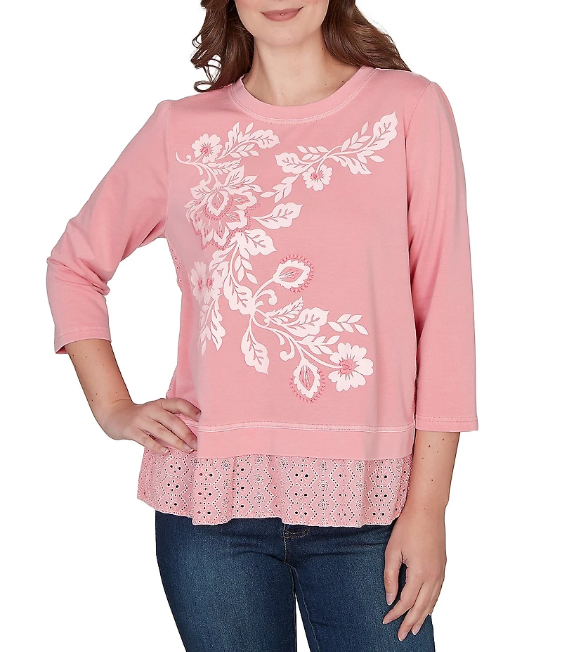 Ruby Rd. French Terry Knit Floral Embroidered Eyelet Accents Top