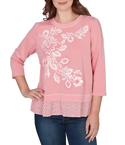 Ruby Rd. French Terry Knit Floral Embroidered Eyelet Accents Top