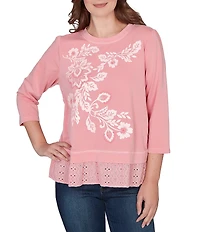 Ruby Rd. French Terry Knit Floral Embroidered Eyelet Accents Top