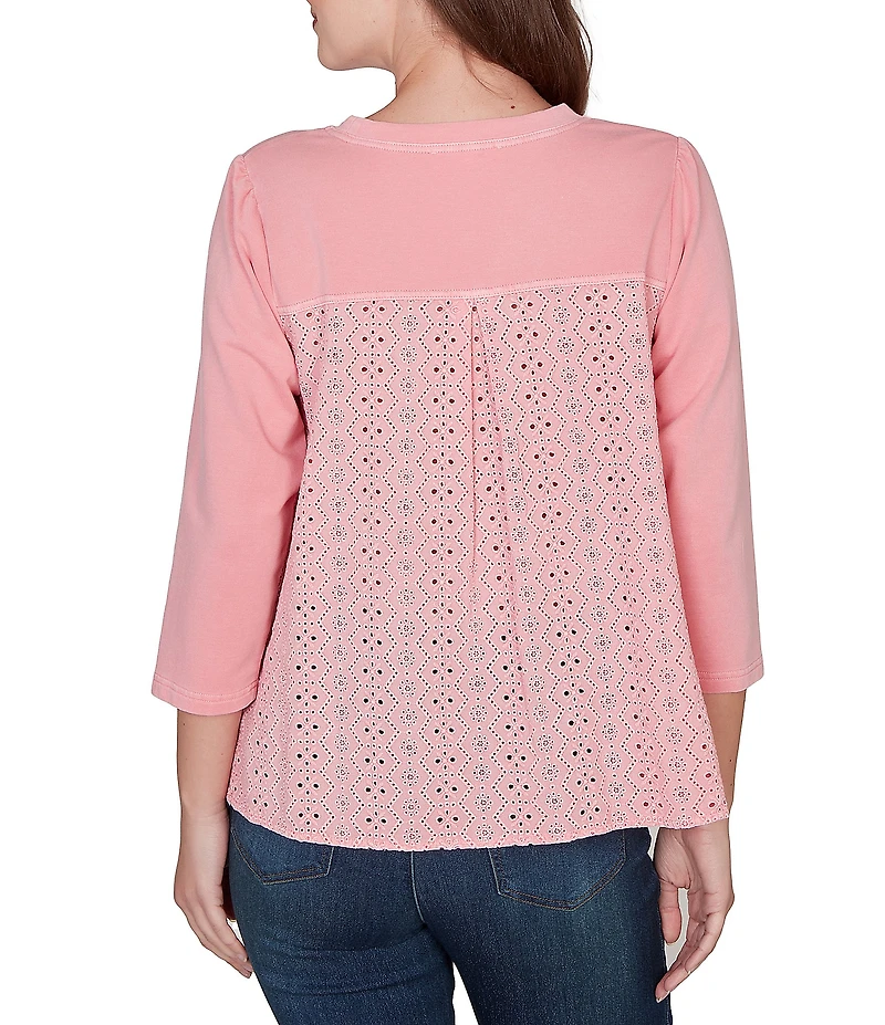 Ruby Rd. French Terry Knit Floral Embroidered Eyelet Accents Top