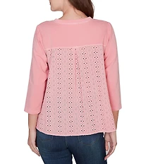 Ruby Rd. French Terry Knit Floral Embroidered Eyelet Accents Top