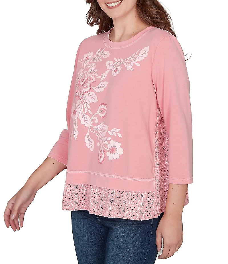 Ruby Rd. French Terry Knit Floral Embroidered Eyelet Accents Top
