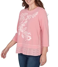 Ruby Rd. French Terry Knit Floral Embroidered Eyelet Accents Top