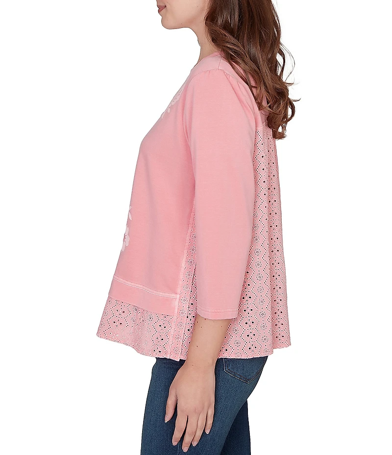 Ruby Rd. French Terry Knit Floral Embroidered Eyelet Accents Top