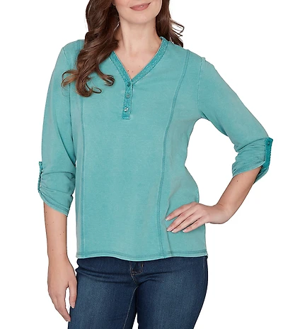 Ruby Rd. French Terry Knit Lace Applique V-Neck 3/4 Buttoned Tab Sleeve Top