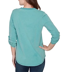 Ruby Rd. French Terry Knit Lace Applique V-Neck 3/4 Buttoned Tab Sleeve Top