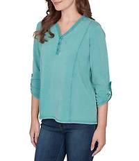 Ruby Rd. French Terry Knit Lace Applique V-Neck 3/4 Buttoned Tab Sleeve Top