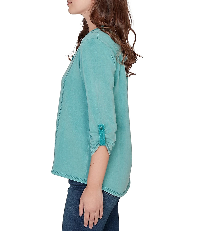 Ruby Rd. French Terry Knit Lace Applique V-Neck 3/4 Buttoned Tab Sleeve Top