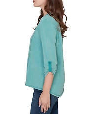 Ruby Rd. French Terry Knit Lace Applique V-Neck 3/4 Buttoned Tab Sleeve Top