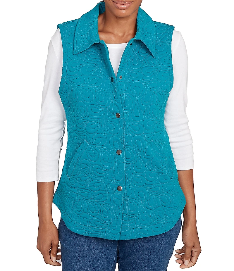 Ruby Rd. French Terry Quilted Point Collar Sleeveless Snap-Front Vest