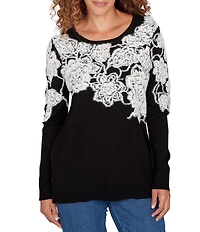 Ruby Rd. Fuzzy Eyelash Jacquard Knit Floral Placement Scoop Neckline Sweater