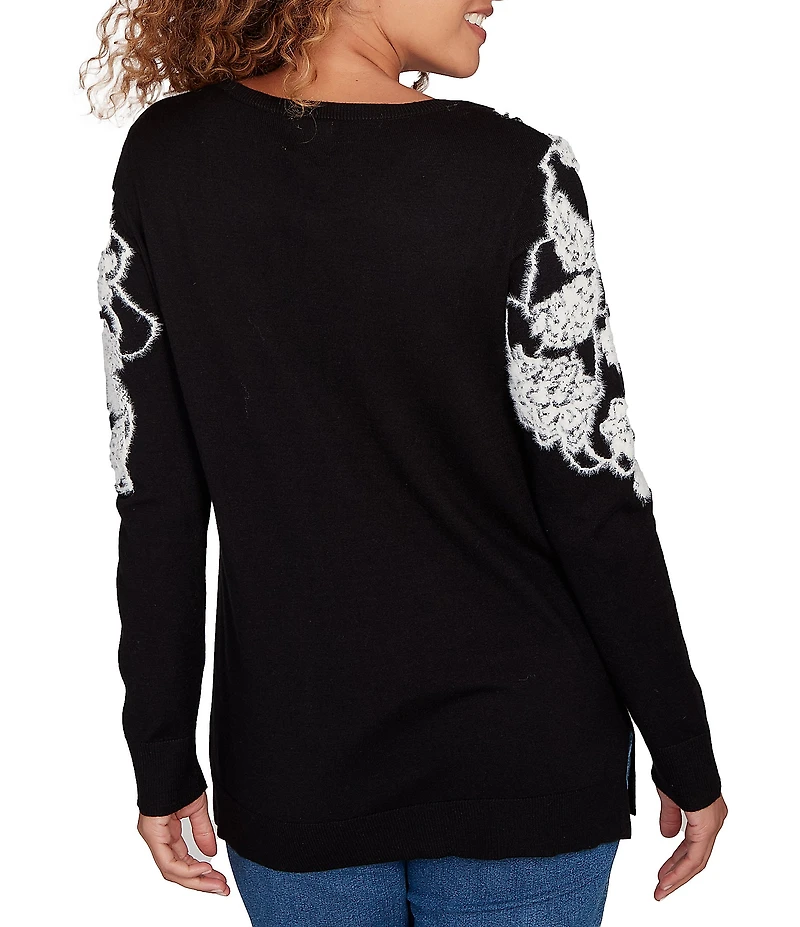 Ruby Rd. Fuzzy Eyelash Jacquard Knit Floral Placement Scoop Neckline Sweater