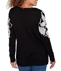 Ruby Rd. Fuzzy Eyelash Jacquard Knit Floral Placement Scoop Neckline Sweater