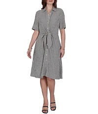 Ruby Rd. Gauze Stripe Point Collar Short Sleeve Adjustable Tie Waist Midi Shirtdress