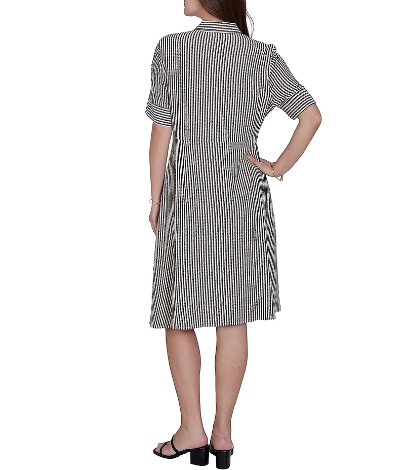 Ruby Rd. Gauze Stripe Point Collar Short Sleeve Adjustable Tie Waist Midi Shirtdress