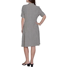 Ruby Rd. Gauze Stripe Point Collar Short Sleeve Adjustable Tie Waist Midi Shirtdress
