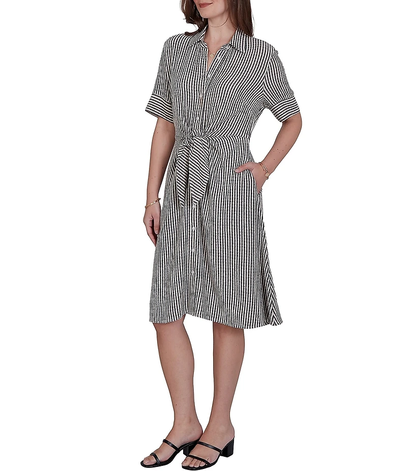 Ruby Rd. Gauze Stripe Point Collar Short Sleeve Adjustable Tie Waist Midi Shirtdress