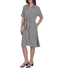 Ruby Rd. Gauze Stripe Point Collar Short Sleeve Adjustable Tie Waist Midi Shirtdress