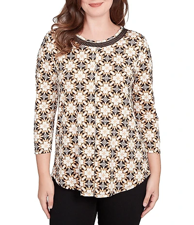Ruby Rd. Geometric Medallion Print Crew Neck 3/4 Sleeve Metallic Mesh Knit Top