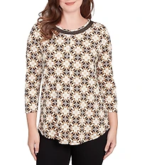 Ruby Rd. Geometric Medallion Print Crew Neck 3/4 Sleeve Metallic Mesh Knit Top