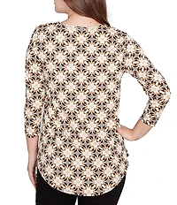 Ruby Rd. Geometric Medallion Print Crew Neck 3/4 Sleeve Metallic Mesh Knit Top