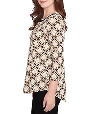 Ruby Rd. Geometric Medallion Print Crew Neck 3/4 Sleeve Metallic Mesh Knit Top